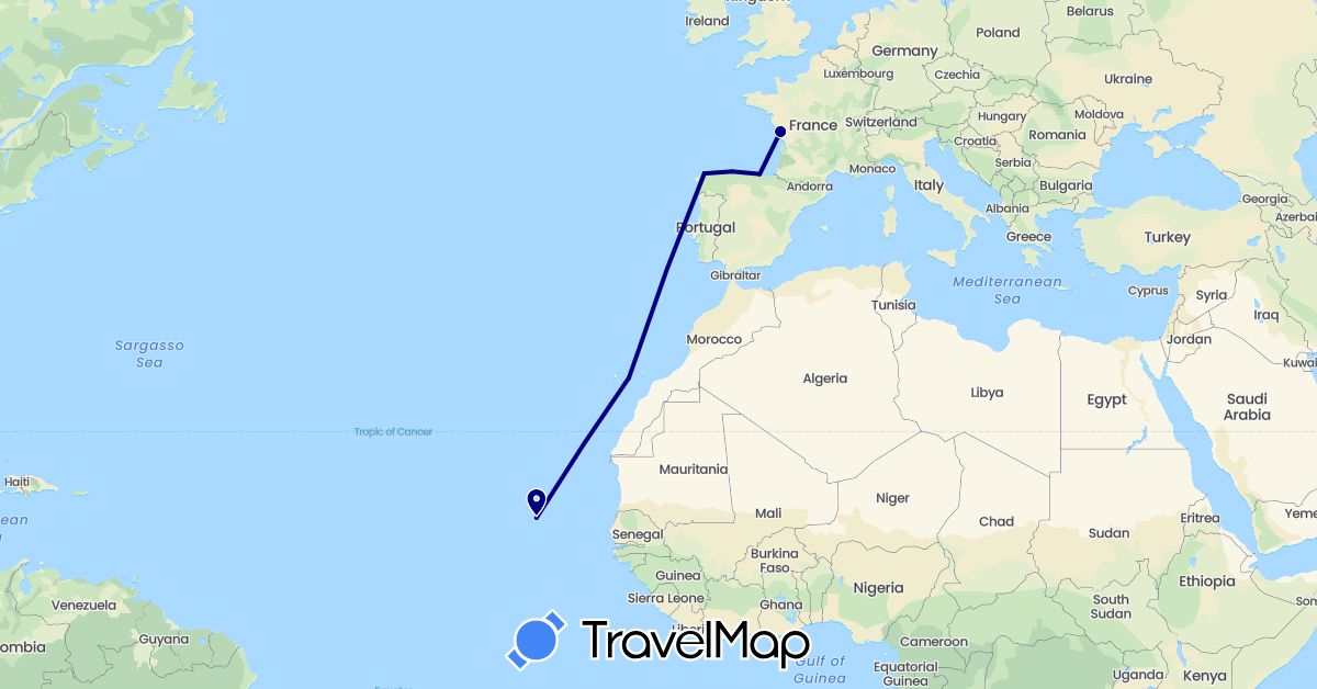 TravelMap itinerary: driving in Cape Verde, Spain, France (Africa, Europe)